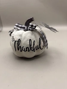 Resin Decorative White Thankful And Silver Leaf Pumpkin 3.5” X 3.5” - Picture 1 of 5