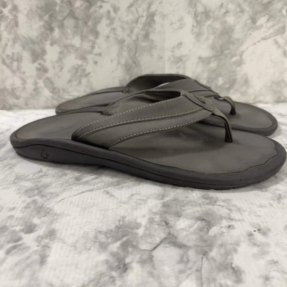 OluKai Ohana Sandals Mens 13 Gray Leather Comfort Flip Flops Outdoor Slides - Image 1 of 4