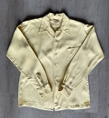 1950s 50s Mens XS Gabardine Loop Collar Shirt True Vintage AMC Rockabilly Yellow - Image 1 of 4