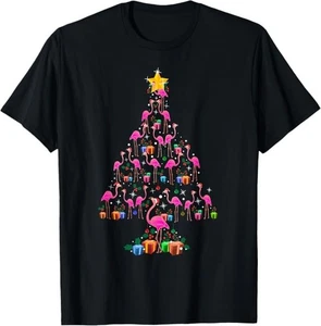 Pink Flamingo Christmas Tree Cute T-Shirt - Picture 1 of 2
