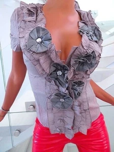 Nueva blusa de seda con escote de lujo para mujer Moni & Co Designer cristal S51 gris S - Imagen 1 de 6