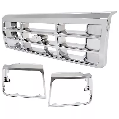 For Ford F150 F250 F350 Bronco 1992-1997 Chrome Front Grille Headlight Door Kit - Image 1 of 4
