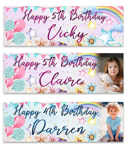 Personalised birthday banner photo rainbow star flower children party decoration
