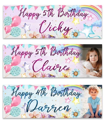 Banner de cumpleaños personalizado foto arco iris estrella flor niños fiesta decoración Foto 1 de 2