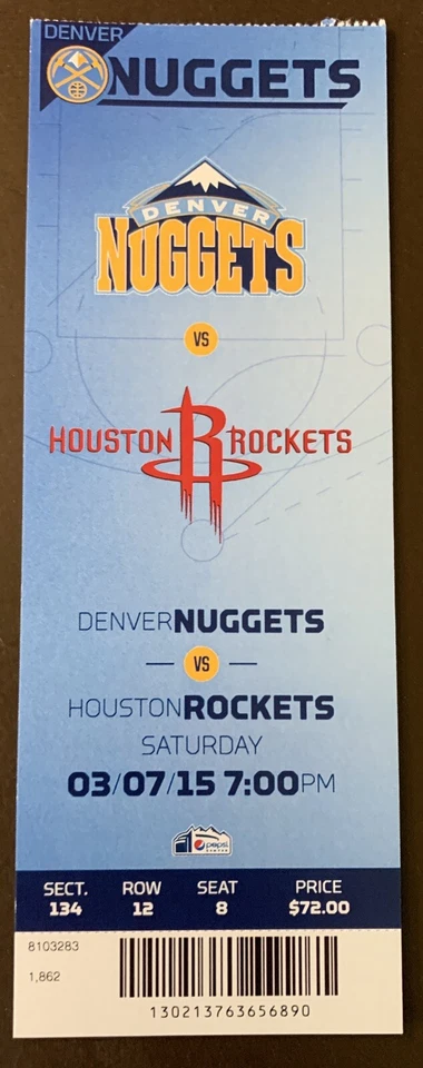 Denver Nuggets 3/7/15 NBA ticket stub vs Houston Rockets - Image 1 of 1