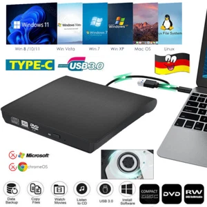 USB 3.0 Externes CD/DVD Laufwerk Brenner Slim Player mit Typ C für Laptop PC MAC - Bild 1 von 14