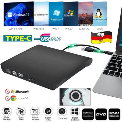 USB 3.0 Externes CD/DVD Laufwerk Brenner Slim Player mit Typ C für Laptop PC MAC - Bild 1 von 4