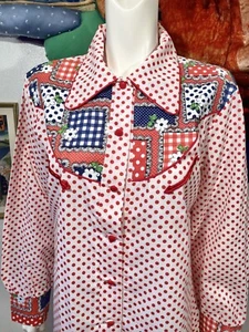 Vintage Women’s Polka Dot WESTERN SHIRT Patchwork 1970s 70s Red Clown Clowncore - Picture 1 of 8