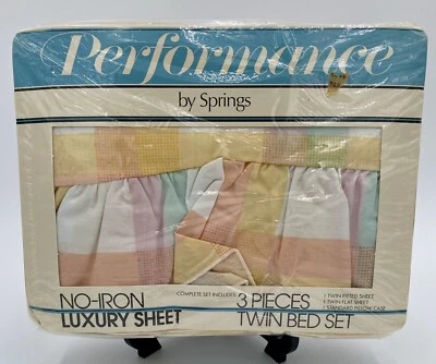 1980’s Vintage PERFORMANCE BY SPRINGS 3pcs TWIN Set Sheet Glencoe Plaid USA NOS - Image 1 of 4
