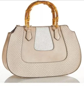 Handtasche Bambus Henkeltasche Umhängetasche hellbraun beige creme gräulich Handtasche Damen M-L Tasche - Bild 1 von 10