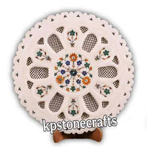 Handmade Marble Inlay Plate 13.5" | Decorative White Marble Plate with Stand | L - Picture 1 of 5