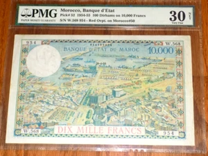 Morocco Banque d' Etat 100 Dirhams On 10,000 Francs 1954-55 Pick 52 PMG 30 NET - Picture 1 of 4