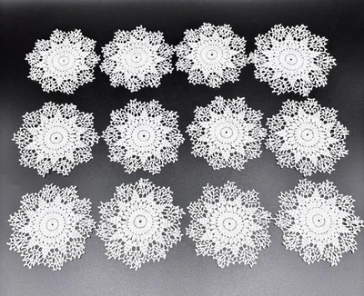 "Juego de 12 posavasos vintage hechos a mano de ganchillo copo de nieve adornos finos blancos de 3,5""" Foto 1 de 4