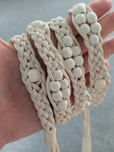 Wooden Beaded tie Hip Belt Onesize White Vegan PU Leather Bohemian Beach Summer - Picture 1 of 7