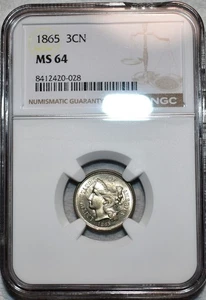 NGC MS-64 1865 Nickel Three Cent Piece, Cartwheeling, Blast-White specimen! - Picture 1 of 3