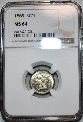 NGC MS-64 1865 Nickel Three Cent Piece, Cartwheeling, Blast-White specimen! - Image 1 of 3