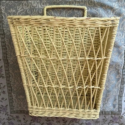 Vintage wicker wall hanging basket magazine organizer rattan yellow bohemian  - Image 1 of 4