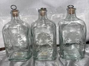Lot/3 VTG Shafford Etched Square Apothecary Glass Bottles W/ Ring Cork Stopper - Picture 1 of 10