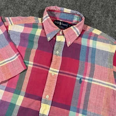 VTG Ralph Lauren Shirt Mens Large Multicolor Madras Plaid Pastel Hand Woven 90s  - Image 1 of 4