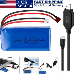 7.4V 1400mAh Lipo Battery Deans T Plug Connector w/USB Charger for WLtoys RC Car - Picture 1 of 8