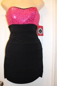 Women Black Pink Strapless Sequins Prom Party Cocktail Dress mini 3 - Picture 1 of 2
