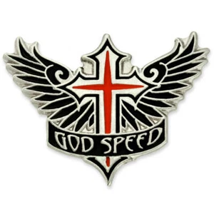 PinMart's God Speed Cross Angel Wings Biker Enamel Lapel Pin - Picture 1 of 3