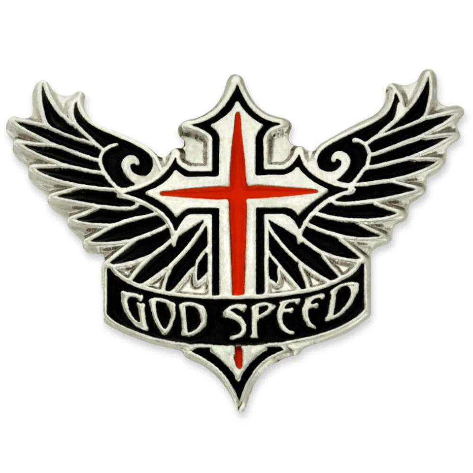 PinMart's God Speed Cross Angel Wings Biker Enamel Lapel Pin - Image 1 of 3