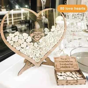 Elegant Wooden Wedding Guest Book w/ 88pcs Hearts and Stand Reception Guestbook - Picture 1 of 7