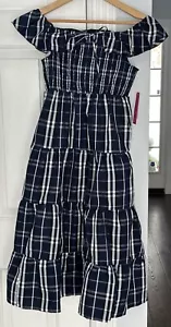 NWT BCX Big Girls Smocked Tiered Twirly Maxi Dress Sz 12 Navy White Plaid - Picture 1 of 9