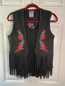 Size L Vocal Black Faux Suede Rose Embroidered Fringe Vest - Picture 1 of 7
