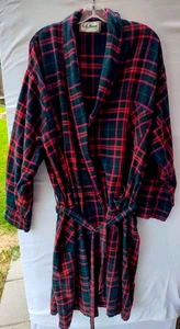 Vtg L.L. Bean Mens M/LRed Green Blue Plaid Flannel Bathrobe w Belt and Pockets - Picture 1 of 12