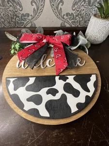Cow Print Circle Welcome Sign For Door, Handmade, Brand New - Picture 1 of 5