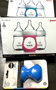 6 NEW Joovy Boob Diamond Glass Baby Bottles 8oz Blue +Pink Sleeve +1 extra Blue - Picture 1 of 4