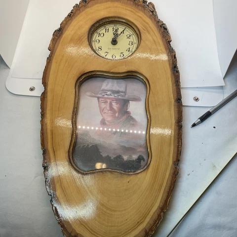 Live-edge Rustic Cedar Working Walk Clock Oval 20”x9.5”  John Wayne Photo Cover