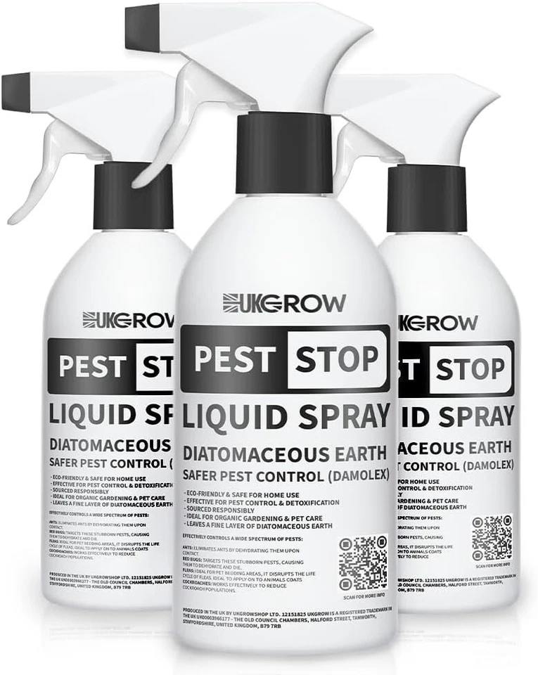 UK GROW Pest Stop Diatomaceous Earth Liquid Spray Natural Pest Control 500ml Fleas Mites