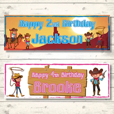 5 STAR BANNERS 2 PERSONALISED COWBOY BIRTHDAY BANNERS - CHOICE OF 2 - 800mm x 297mm