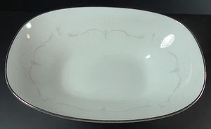 Noritake Whitebrook Oval Serving Bowl Silver Trim Raised Flowers Gray Scrolls - Picture 1 of 8