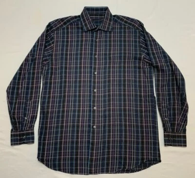 Camisa de Vestir St. Croix Cuadros Ventana Algodón Gris con Rosa/Azul/Púrpura Talla M 15.5 Foto 1 de 4