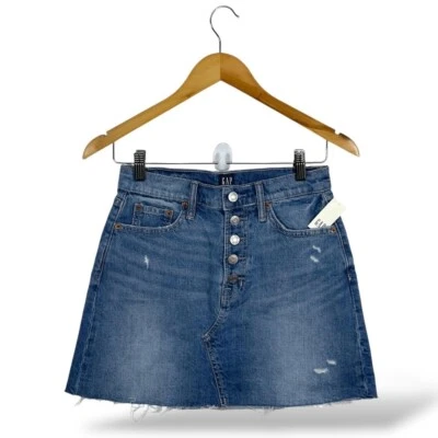 GAP Denim Mini Skirt Button Front Distressed Raw Hem Casual Blue Size 0/25P - Image 1 of 4