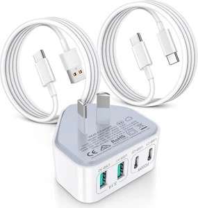 USB C Charger + 2 Pack USB-C Cable, 40W 4-Port Wall Charger AU Plug, PD 3.0 Fast - Picture 1 of 7