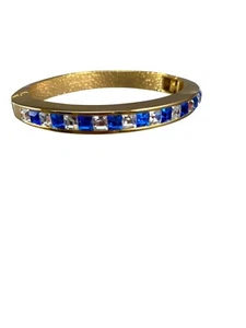 Armreif Armband aufklappbar goldfarben blau klare Strasssteine ca. 2,5" Durchmesser Vintage - Bild 1 von 14