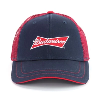 Budweiser Beer Snapback Trucker Hat Baseball Cap Blue Red Mesh Official Licensed - Image 1 of 4
