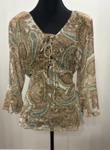 Y2K 2000s Top Large XL Brown Teal Paisley Fairy Camisole Sheer Boho V Neck - Picture 1 of 11