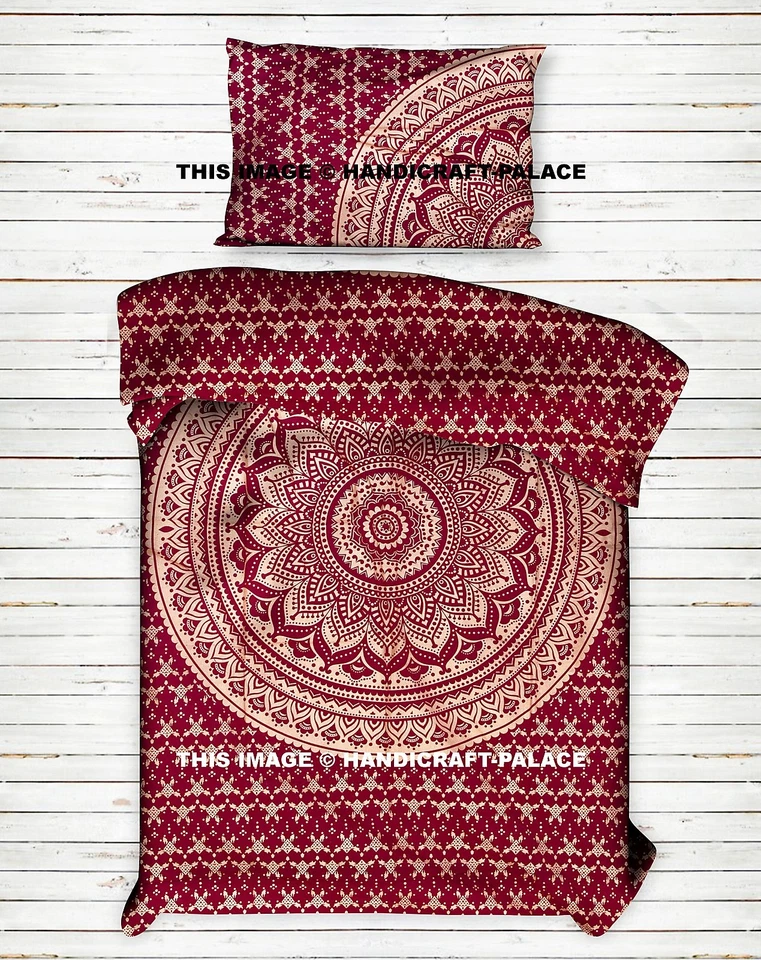 Gold Ombre Mandala Twin Size Cotton Quilt Maroon Duvet Cover With 1 PC Pillow  - Image 1 of 1