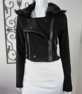 Cecio Long Sleeve Cardigan Jacket Outwear Size M MEDIUM BLACK Fur Collar Zipper  - Picture 1 of 8