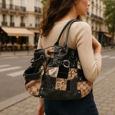 Bolso de mano vintage de cuero con retazos Sophia Caperelli logotipo de firma Foto 1 de 4