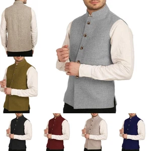 Mens Stand Up Collar Vintage Tweed Herringbone Waistcoat Vest Wedding Wool Groom - Picture 1 of 23
