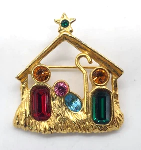 Vintage Christmas Brooch Pin Baby Jesus Nativity Fancy Rhinestone Gold Tone - Picture 1 of 3
