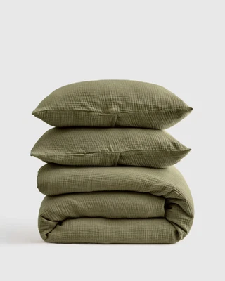 NWT QUINCE AIRY ORGANIC 100% COTTON GAUZE DUVET COVER SET  FULL QUEEN OLIVE $150 - Image 1 of 4
