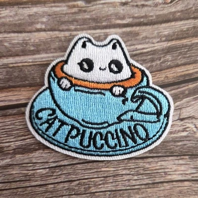 Catpuccino Coffee Cat Adorable Latte Embroidered Iron on Patch - Image 1 of 2